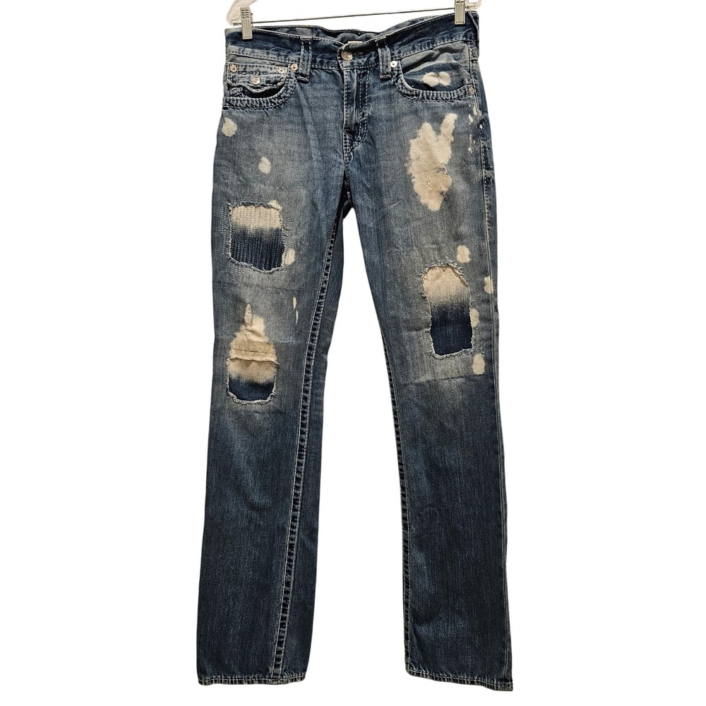 True Religion Jeans Men 30 Blue Straight Flap Big T Distressed Bleach Streetwear